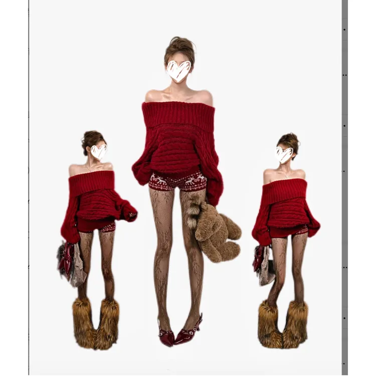 秋冬季2025年新款慵懒风一字肩毛衣女御姐风新年红宽松针织上衣潮
