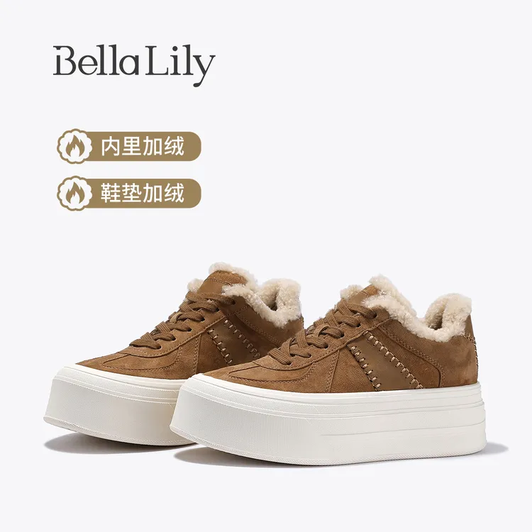 BellaLily2025冬季新款棕色牛皮加绒德训鞋女厚底毛毛保暖休闲鞋