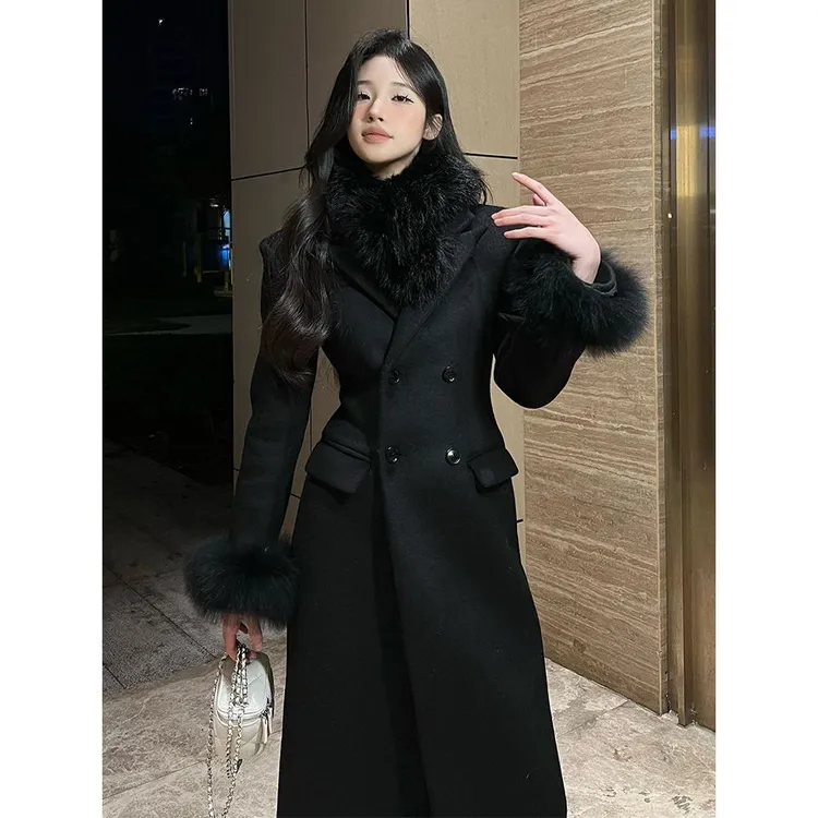 【商场同款】气质爆款外套黑色毛呢秋水浥尘女装毛领双面9902大衣