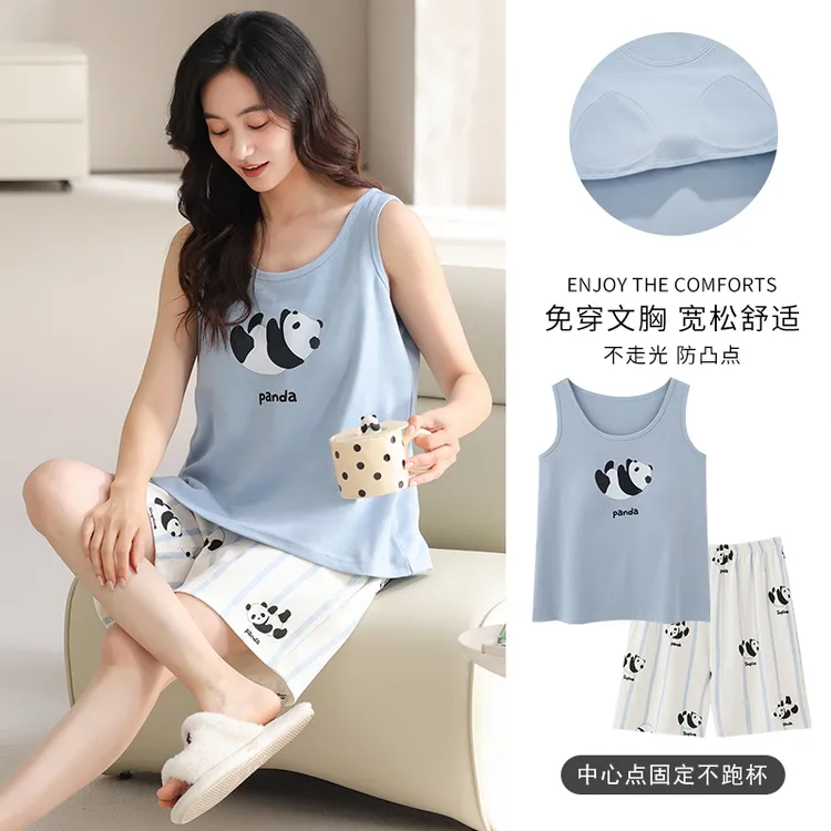 睡衣女款夏季纯棉宽松带胸垫背心短裤无袖家居服女生薄款条纹套装