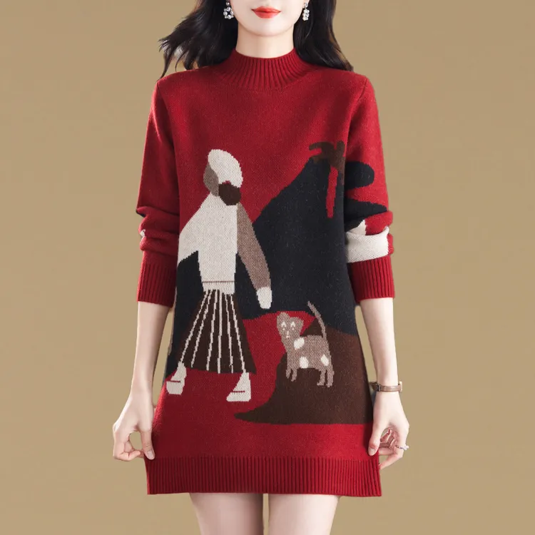 超好看卡通图案提花中长款毛衣女秋冬宽松加厚内搭洋气针织打底衫