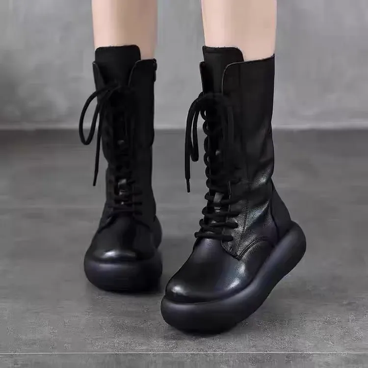 2025秋冬新款复古马丁靴女牛皮百搭中筒靴松糕厚底显瘦英伦风皮靴