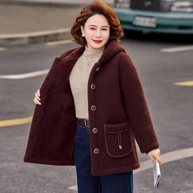 妈妈冬装加绒外套50岁中年妇女颗粒绒棉衣中老年女秋冬羊羔绒棉袄
