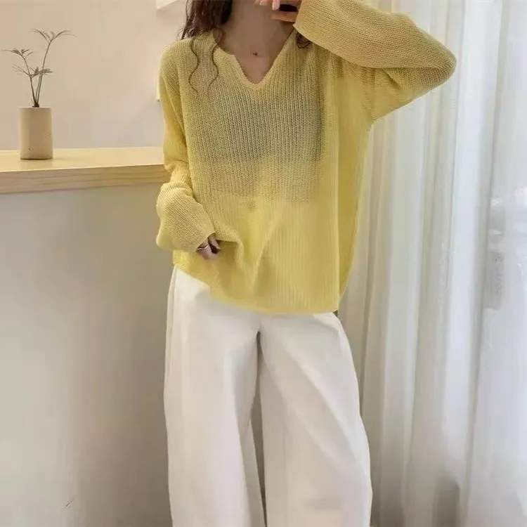 短款V领套头款薄款防晒毛针织衫镂空套头宽松气质圆领时尚