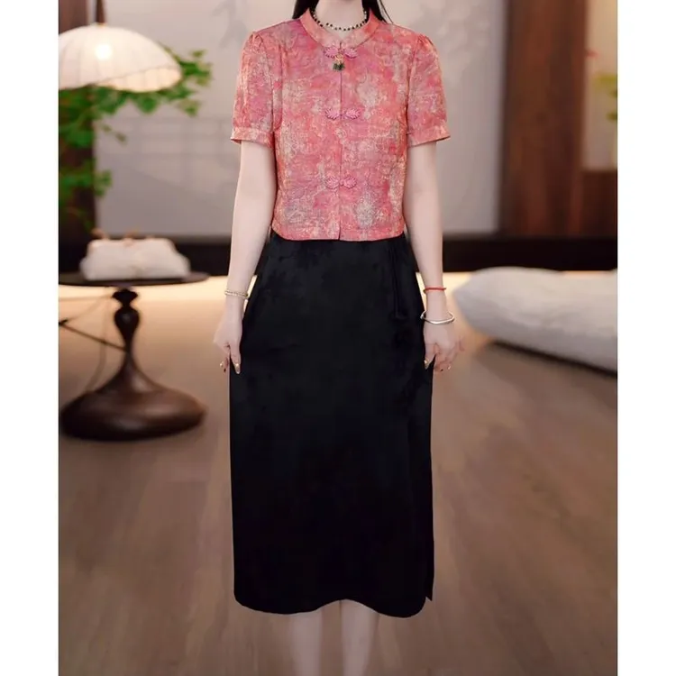 高级织锦提花缎国风盘扣套装礼服裙2025夏季新款修身显瘦俩件套女