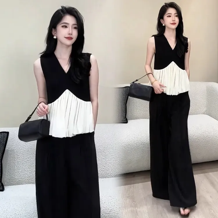 时尚洋气套装女2025夏季新款气质显瘦拼接无袖上衣阔腿裤两件套潮