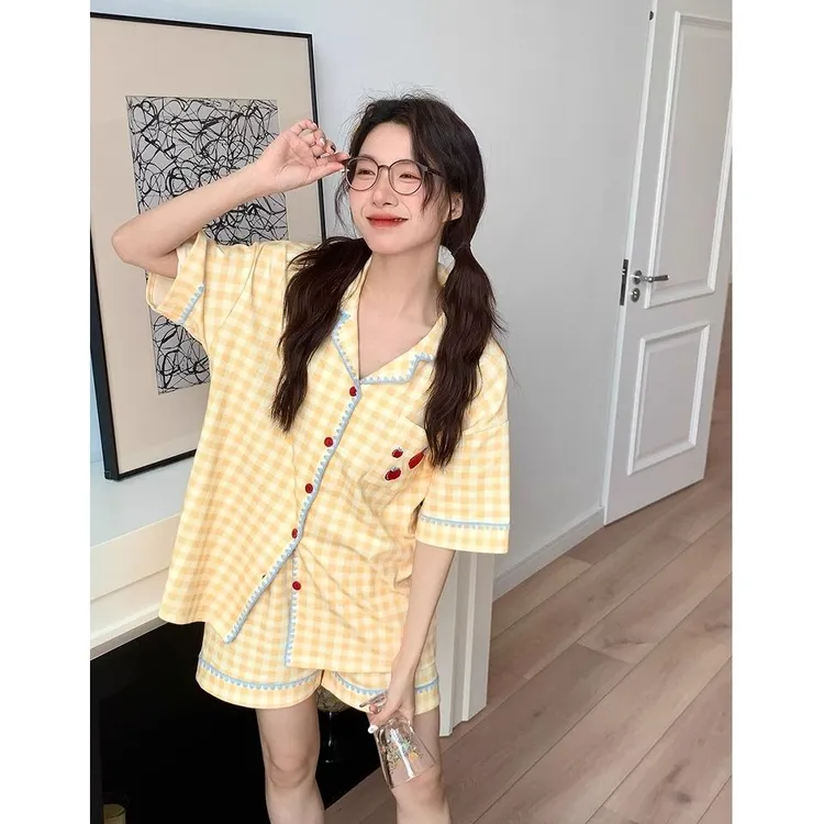 格子夏季短袖网红短裤睡衣薄款甜美家居服套装宽松休闲大码可爱风