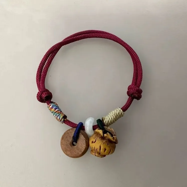 非金属布艺手链 保真老桃木平安扣桃蓝红绳手绳儿童手链