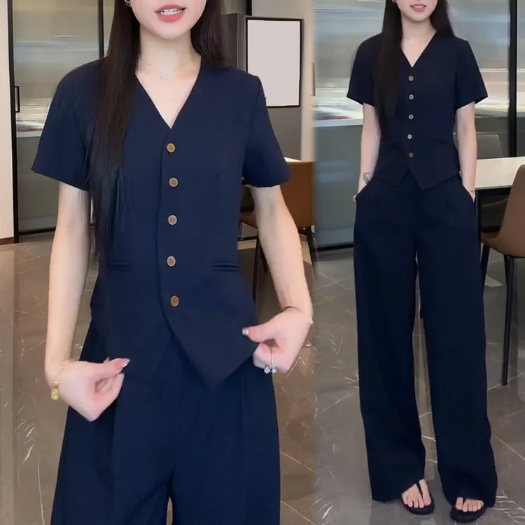 老钱风单排扣衬衣阔腿长裤两件套2025年夏季新款赴约极简女装套装