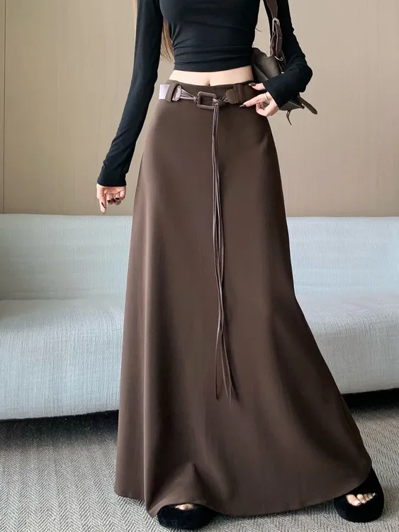 咖棕色半身裙女秋季设计感高腰a字裙显瘦百搭气质垂坠感大摆长裙