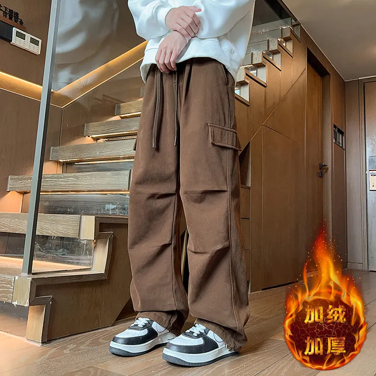 爆款男生秋冬加绒加厚水洗工装裤青少年学生潮流帅气休闲男直筒裤