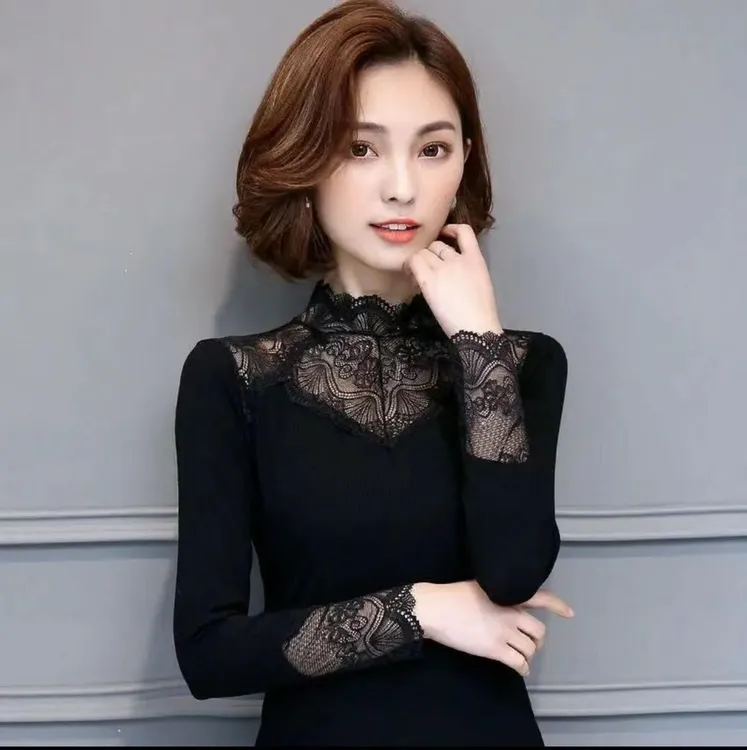 新款女士蕾丝半高领打底衫内搭洋气时尚网纱上衣修身小衫长袖秋冬