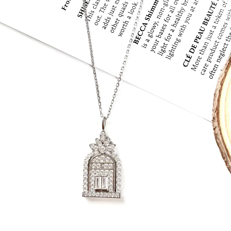 坠链均925银合成锆石 轻奢时尚s925镀k金满钻幸福之门项链-X0051