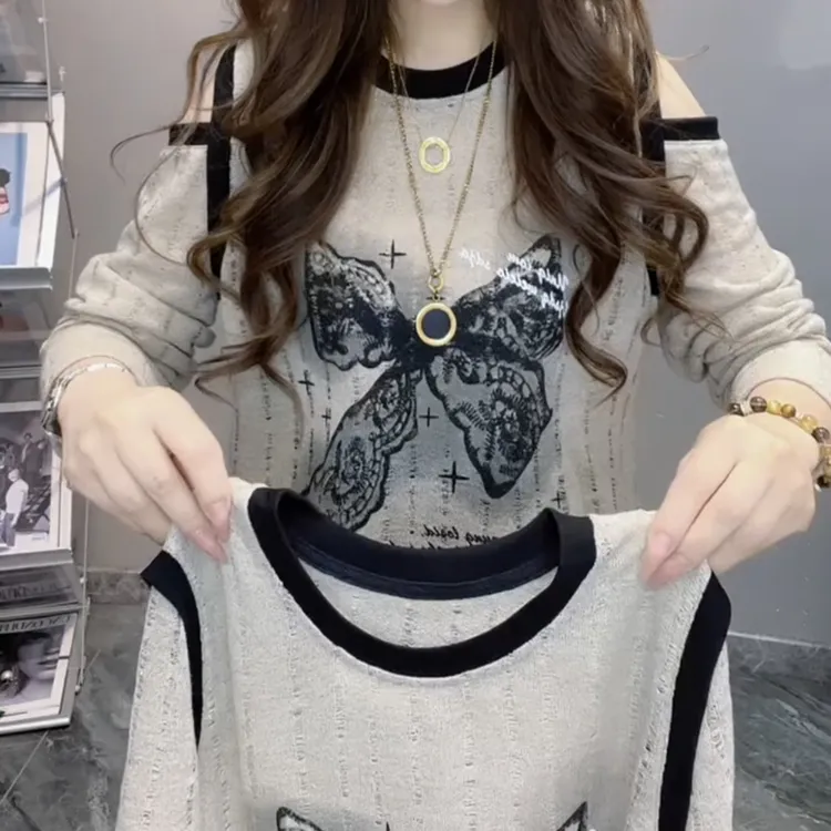 宽松型露肩圆领蝴蝶结长袖T恤针织小众荡领