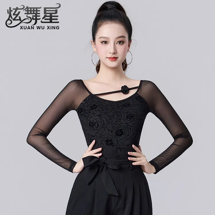 秋季新款拉丁舞练功服性感薄纱拼接摩登舞服连体显瘦形体训练服