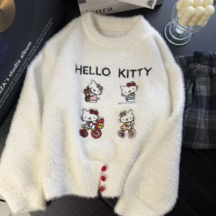 女童秋冬季加厚毛衣新款洋气2025儿童卡通刺绣上衣冬季加绒格子裤