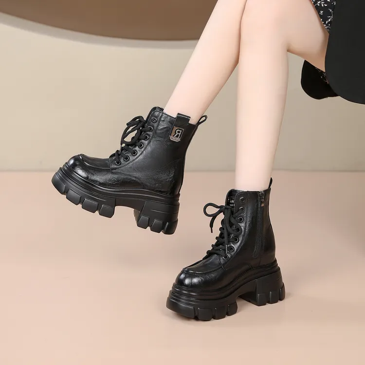 2025秋冬爆款增高马丁靴英伦风10CM高跟粗跟女靴系带短筒百搭短靴