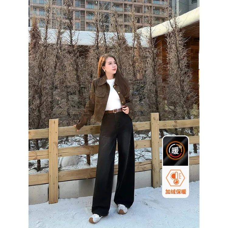 missrococo/洛可可小姐2025新款加绒黑灰色窄版弯刀牛仔裤女显瘦