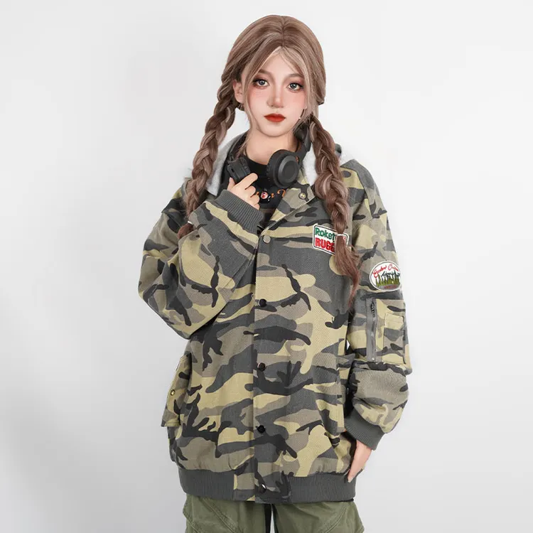 PEEKABOO 撞色迷彩连帽卫衣男女宽松bf美式学院风痞帅外套