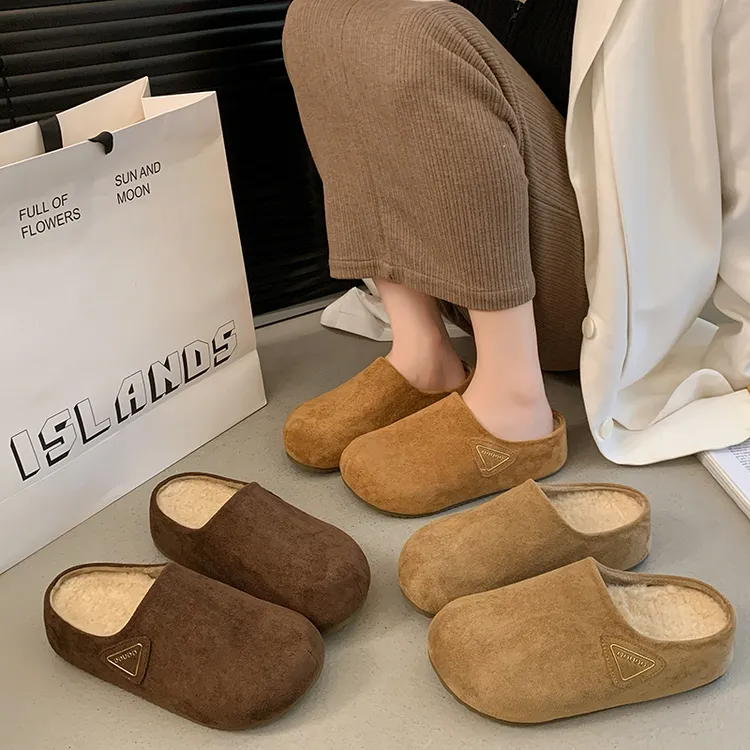 厚底加绒勃肯鞋一脚蹬包头半拖鞋女外穿2025新款秋冬季增高懒人鞋