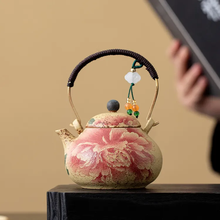 牡丹花青花火石红提梁茶壶一壶两杯功夫茶具陶瓷单壶泡茶器礼盒装