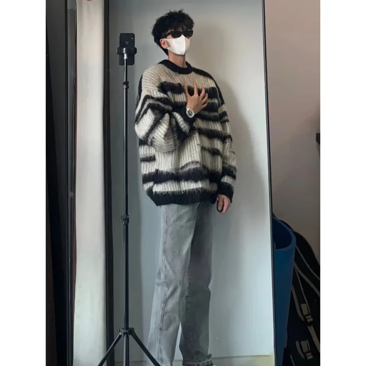 条纹圆领针织衫毛衣ins学生慵懒风日系春秋痞帅韩版港风外穿百搭