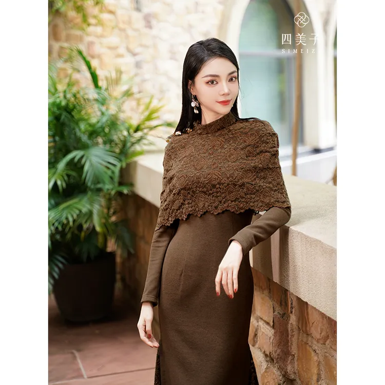 四美子【迷雾摩卡】冬季新款厚款真丝羊毛蕾丝斗篷两件套旗袍连衣裙