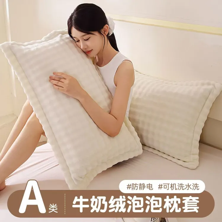 加厚泡泡牛奶绒枕套一对装秋冬季家用珊瑚绒枕头套单人枕芯内胆罩