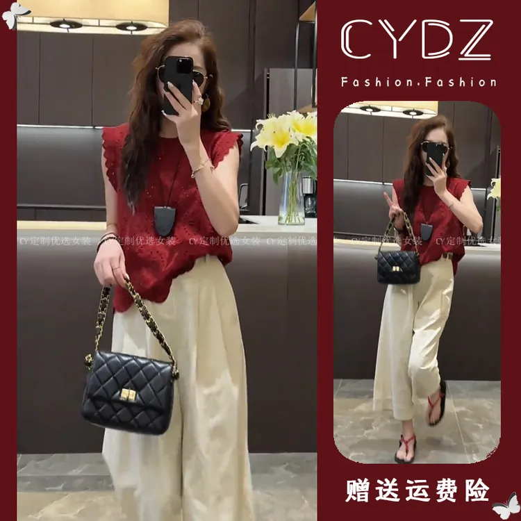 2025新款夏季红色蕾丝花边镂空无袖上衣女洋气休闲阔腿裤两件套装