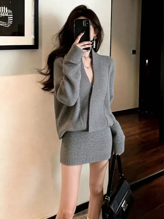 Z285气场强大名媛气质女神范高级感法式轻熟大方得体灰色连衣裙