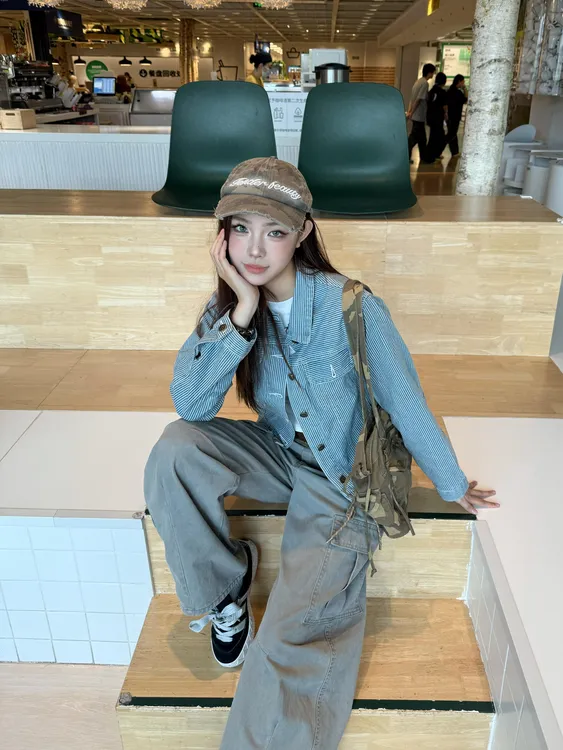 CC.CBL美式复古条纹短款牛仔外套修身显瘦街头休闲ins夹克