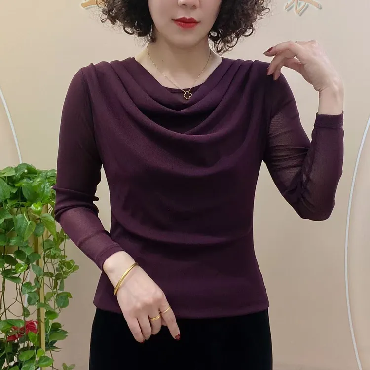 2025秋季新款时尚洋气堆堆领圆领弹力网纱修身气质妈妈装女装上衣