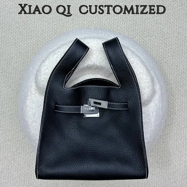 Xiao Qi头层牛皮粉色菜篮子个性时尚背心手提包单肩斜挎小众高质