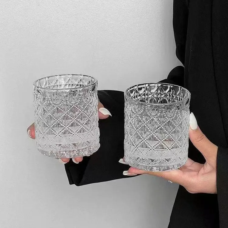 【六只装】浮雕玻璃杯宝石纹威士忌酒杯玻璃杯厚底透亮浮雕ins风