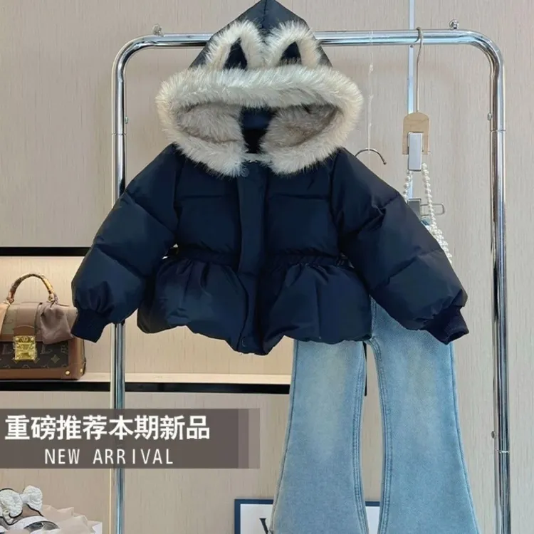 女童冬季加绒加厚棉服外套2025女宝加绒保暖棉服加绒牛仔裤两件套