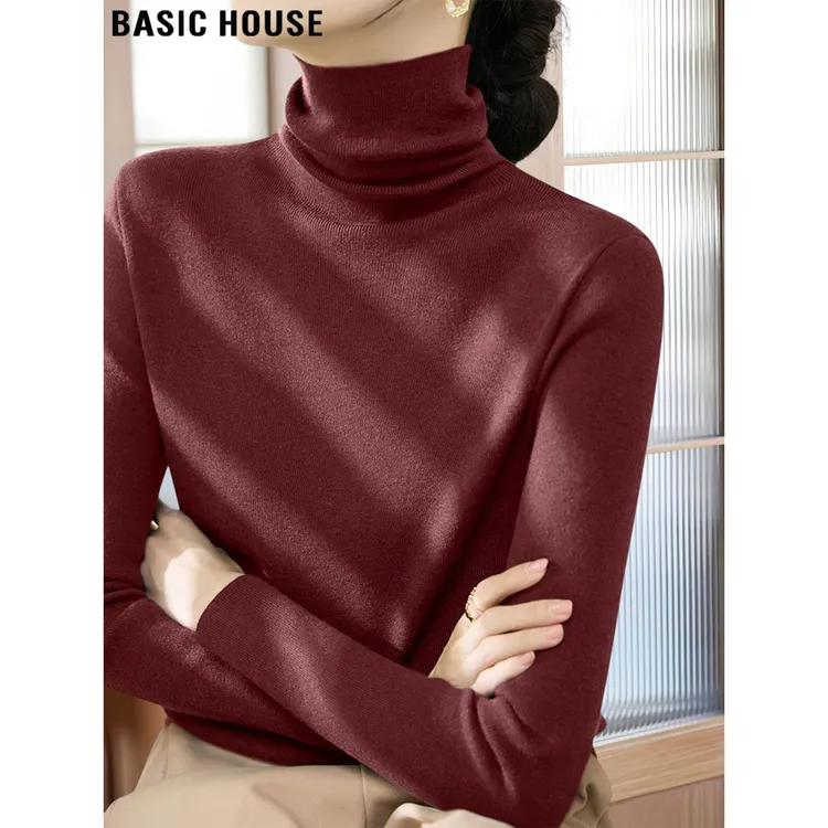 Basic House/百家好安可拉红高领长袖针织衫女2025秋冬堆堆领打底