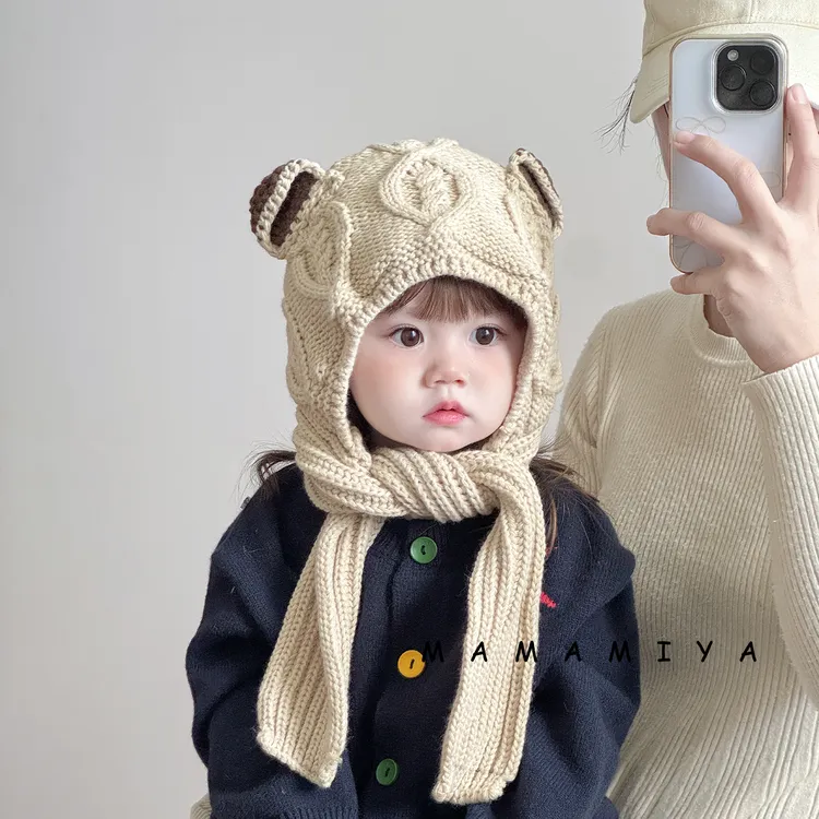 儿童帽子围巾一体帽冬天毛线帽男女宝宝加厚保暖带围脖针织护耳帽