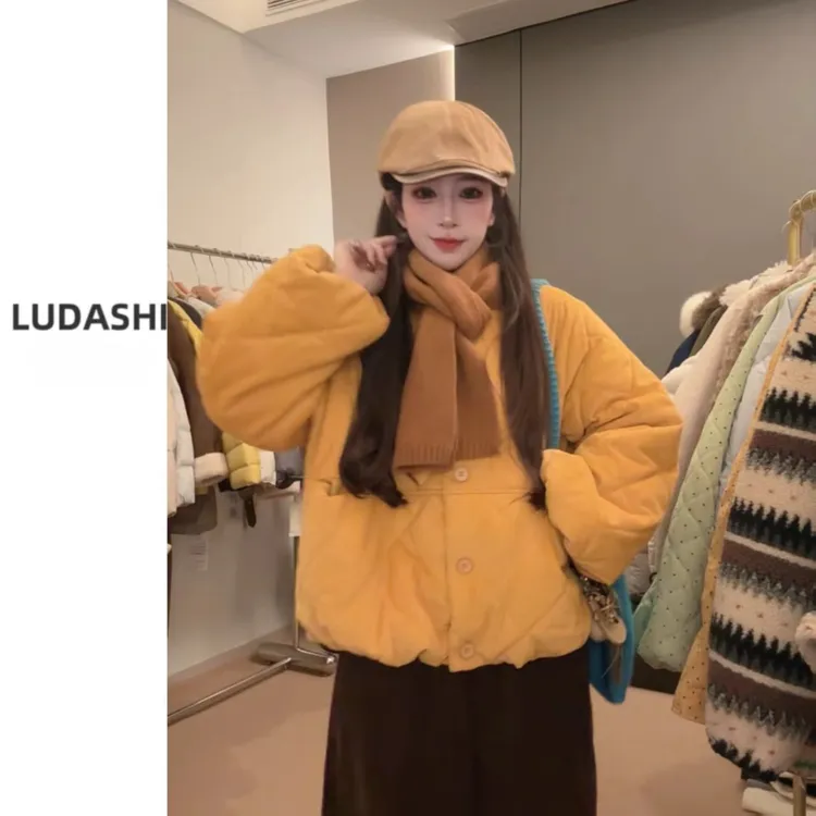 【稻浪翻金】灯芯绒棉服女款2025新款保暖宽松圆领冬天外套