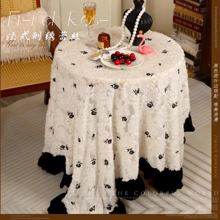 法式复古蕾丝桌布氛围感玫瑰花圆桌方桌盖巾茶几台布多用装饰罩巾