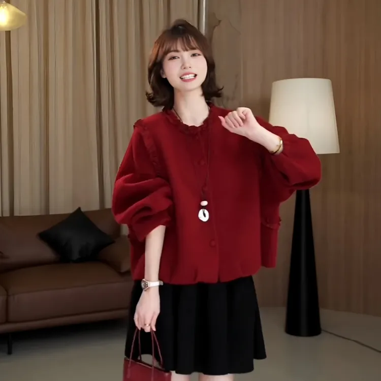 大码女装气质木耳边圆领红色毛衣外套秋冬新款加厚保暖针织衫上衣