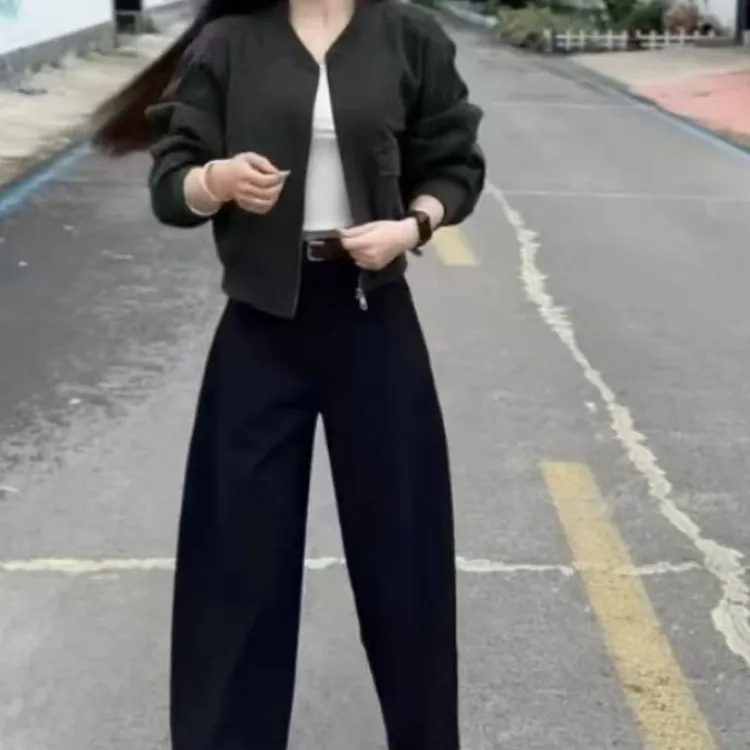 新款韩系显瘦拉链短款外套休闲阔腿裤女装