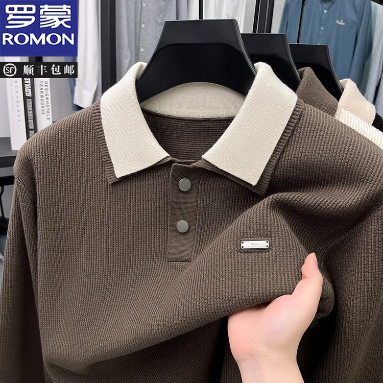 罗蒙男士双层撞色翻领针织衫秋冬高档时尚百搭商务风毛衣打底衫男