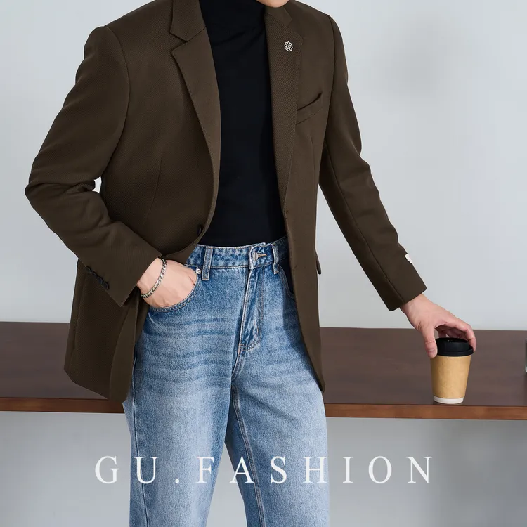 GU FASHION男士秋冬款商务休闲平驳领西装外套美拉德棕色斜纹西服