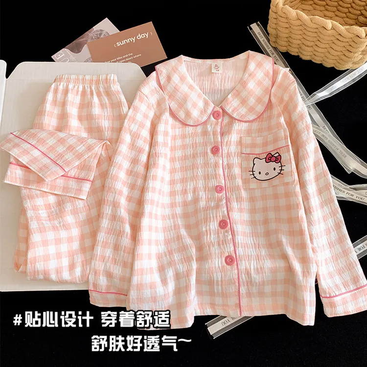 公主风【粉格KT猫】女童睡衣休闲儿童秋季长袖透气家居服套装可外穿