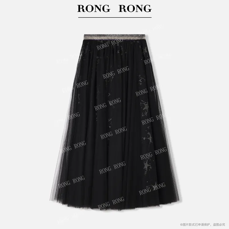 溶溶S【漫意星空】RONGRONG 松紧腰优雅重工星空刺绣纱裙F26QQ7095