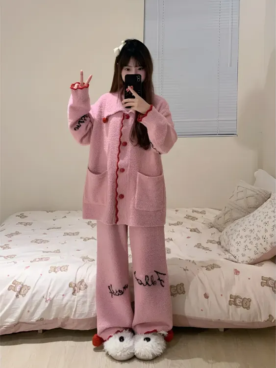 甜美开衫针织外套半边绒睡衣女秋冬季新款毛衣长袖长裤家居服套装