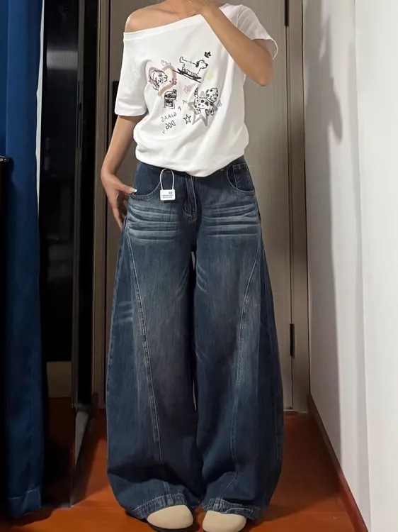 美式复古弯刀水洗牛仔裤韩版夏季设计宽松直筒高腰梧桐拖地镰刀裤
