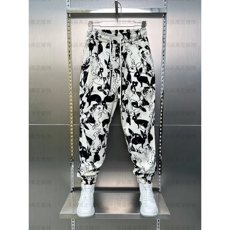 夏季宽松小兔子印花哈伦裤男休闲束脚个性潮流冰丝小脚九分裤