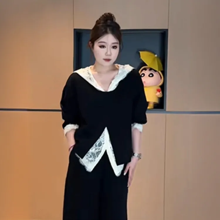特大码300斤胖mm蕾丝拼接卫衣三件套女春秋款时尚连帽慵懒风套装2