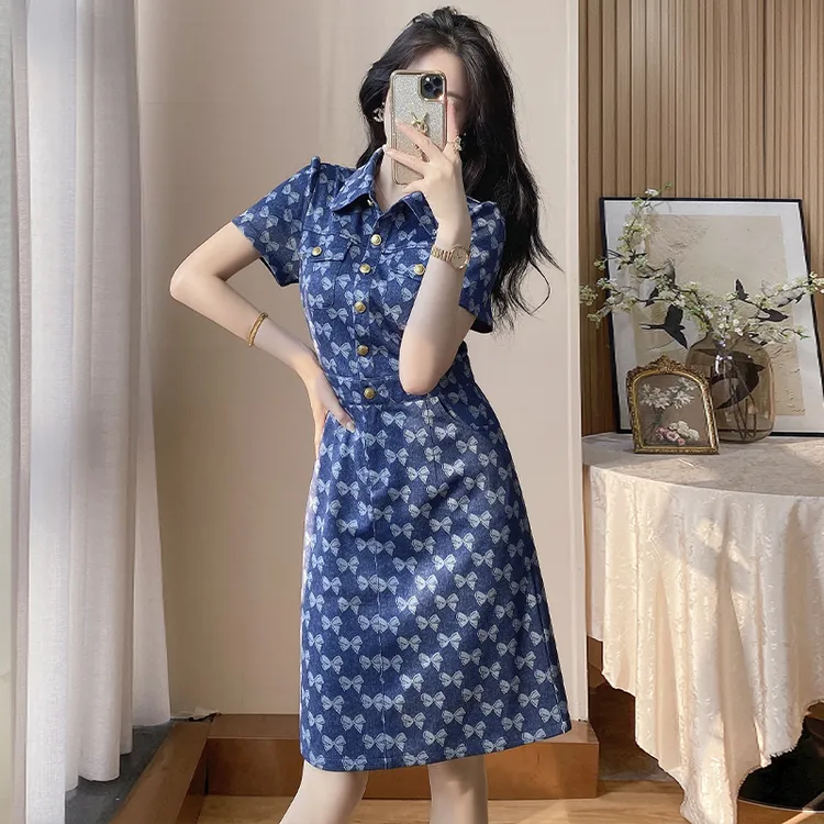 夏装轻奢高级感女装时髦短袖牛仔连衣裙气质收腰显瘦A字裙小个子